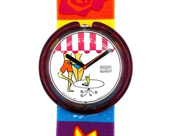 Vintage 1994 Pop Swatch PWK195 BEACH CAFE - new in box - unworn mint running condition - fresh battery - 39mm diameter