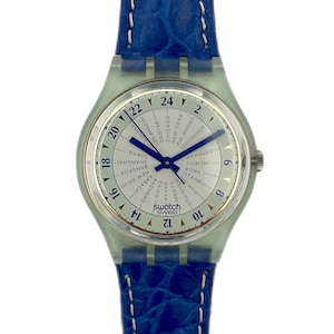 Vintage 1994 Swatch Gent 24H INDEX GG125 - unworn mint condition - running with new battery - 34mm diameter - leather band - new in box