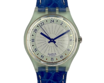 Swatch Gent 24H INDEX GG125 vintage de 1994, en perfecto estado, sin usar, funciona con batería nueva, diámetro de 34 mm, correa de cuero, nuevo en caja.