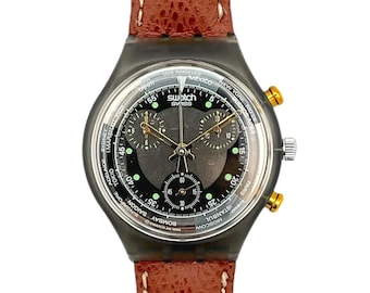 Vintage 1993 Swatch Chrono JET LAG SCM102 - unworn mint condition - new in box - new battery - 37mm diameter - leather strap