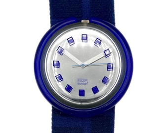 1993 Pop Swatch BLUEBERRY PWK179 - mint unworn condition - new in box - fresh battery installed - 39mm diameter