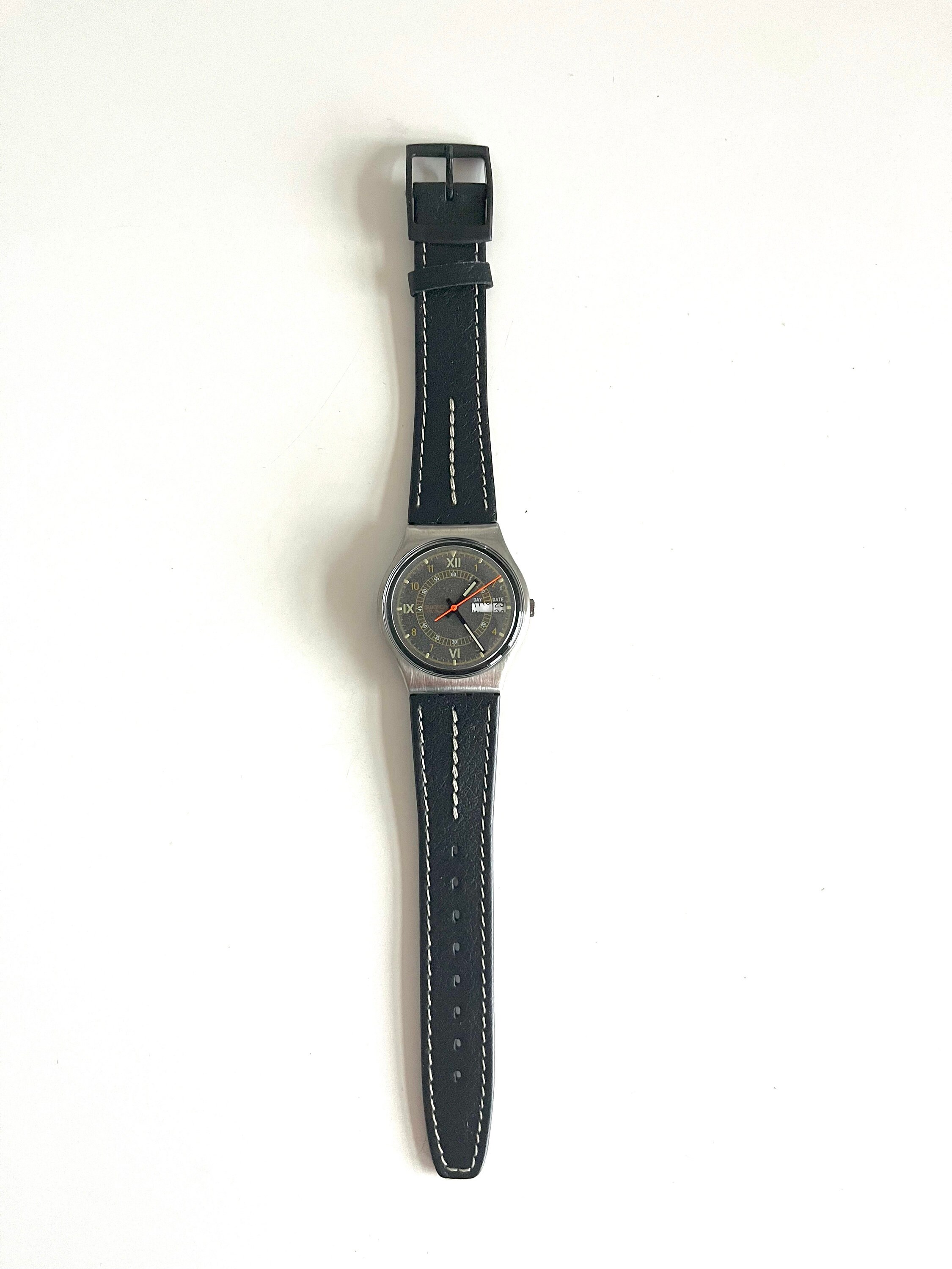 Swatch watch w leather band. Day & date display. Leather Straps for Omega X Swatch MoonSwatch Mission on  main image 2