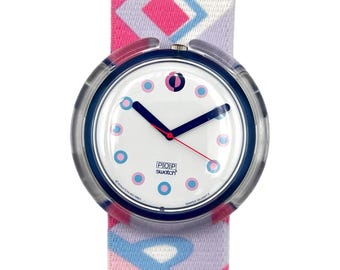 1991 Pop Swatch CONTESSA PWN104 - pink and light blue 90s large face vintage lady watch