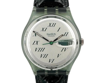 Vintage 1995 Swatch Gent GREEN LACQUER GM709 - unworn mint condition - new in box - fresh battery installed - 34mm diameter