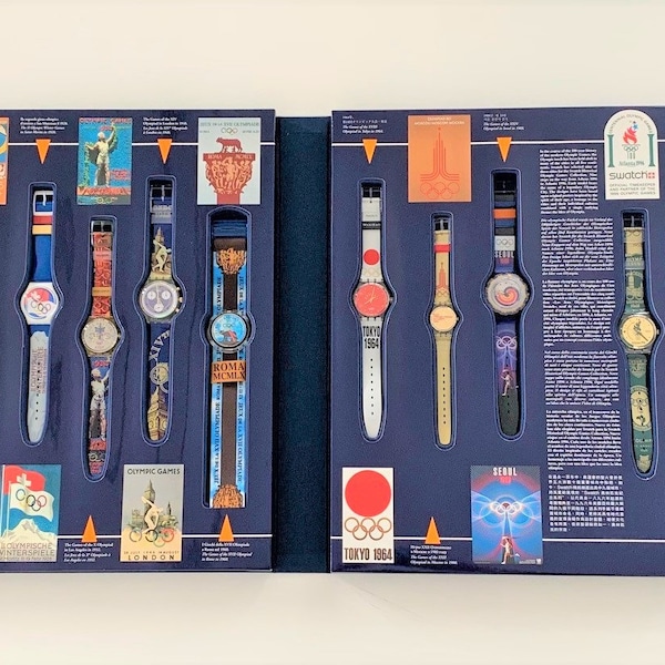 NOUVEAU et non porté 1996 vintage SWATCH Olympic Legends Special I box SZS01 - parfait état - 9 échantillons inclus - Jeux Olympiques d'Atlanta