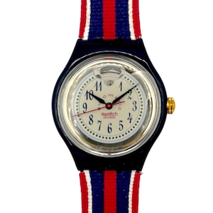 1994 Swatch Automatic TIME & STRIPES SAN105 – ungetragener, neuwertiger Vintage-Zustand – 37 mm Durchmesser – Lederarmband – neu in der Box