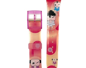 May include: Two-piece watch strap set. The straps are transparent with a pink and yellow gradient. Each strap features a cartoon character in a meditative pose. The buckle and strap connectors are pink.