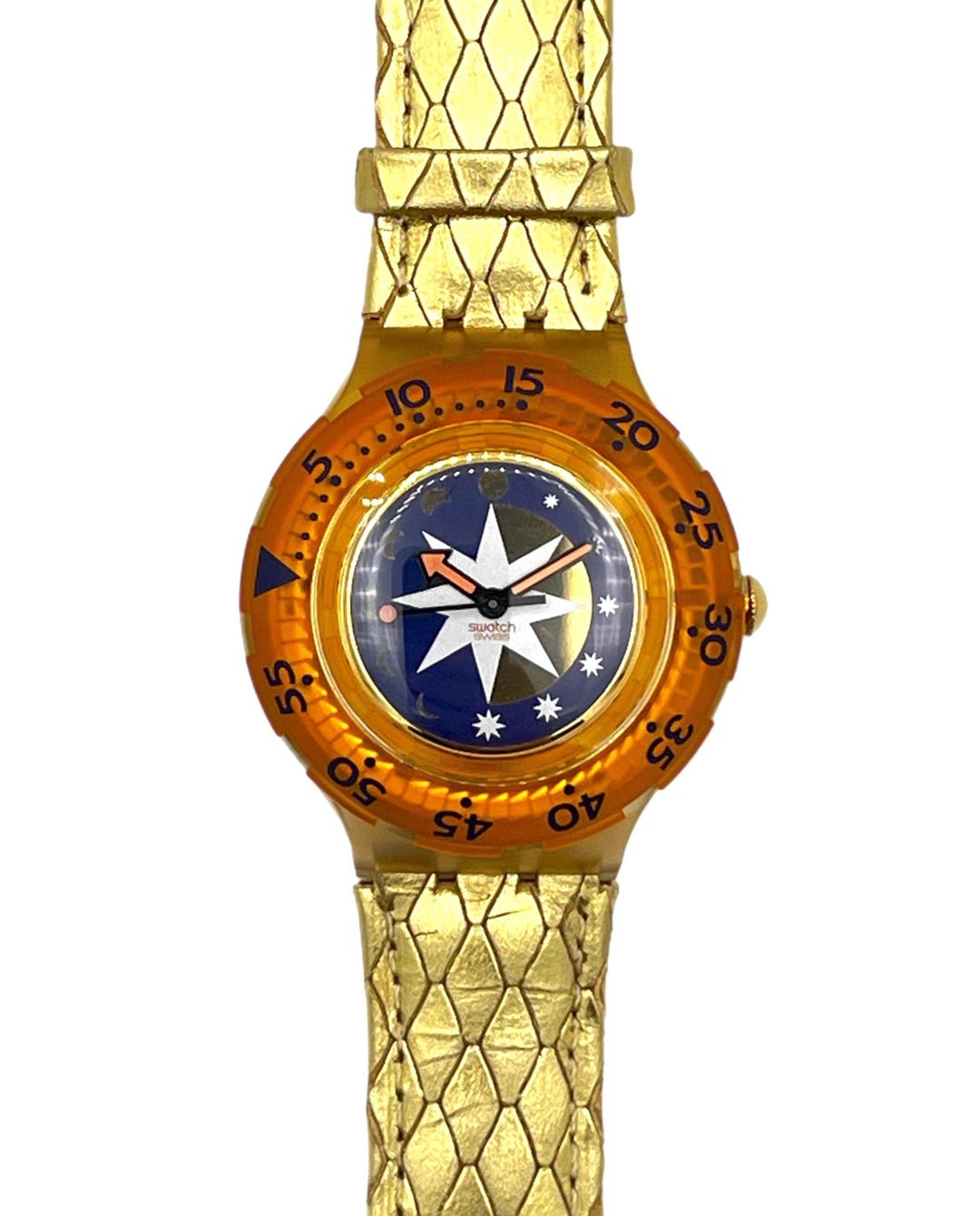 1993 Swatch Scuba 200 GOLDEN ISLAND SDK112 - Gold Leather Strap