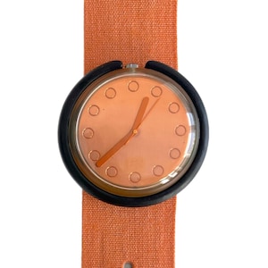 Vintage 1990 Pop Swatch COPPERMINE PWBK128 - rare - mint unworn condition - new battery - orange leather band - 39mm - new in box