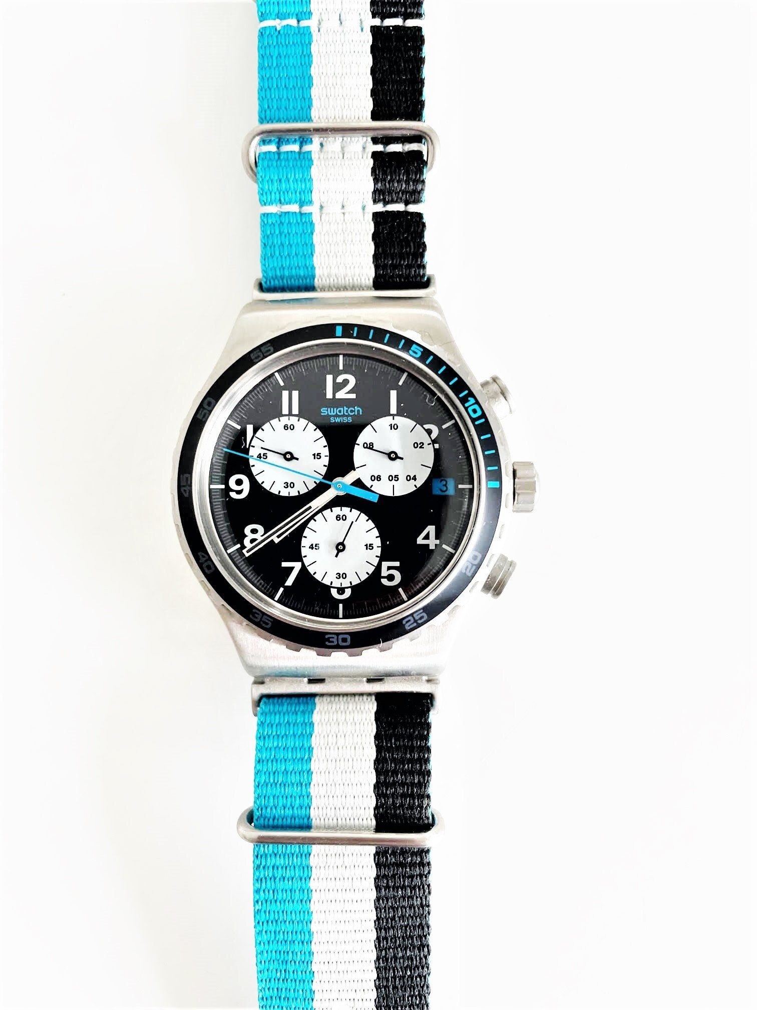NEW : Swatch 43mm Irony Chrono SKYBOND YVS409 - Unworn - Running