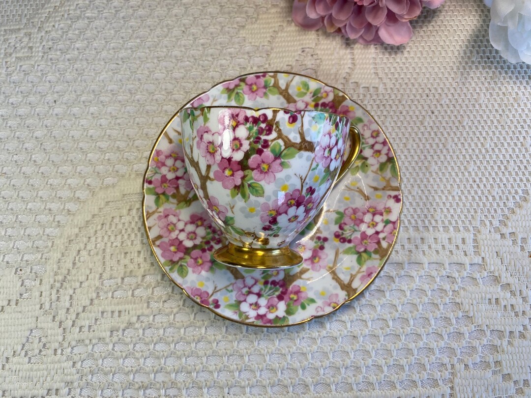 SHELLEY Cherry Blossoms Teacup and Saucer Vintage 194566 Etsy