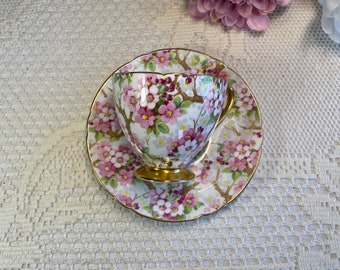 SHELLEY Cherry Blossoms Teacup and Saucer, Vintage 1945-66 Maytime Set, Hard to Find Gold Trimmed
