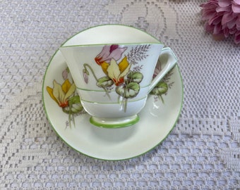 Very RARE 1930's PARAGON Teacup and Saucer, Cyclamen Flower and Art Deco Handle, Vintage Royal Paragon Tea Set