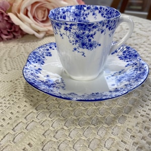 Shelley DAINTY BLUE Demi-Tasse Teacup and Saucer, Vintage 1960&#39;s