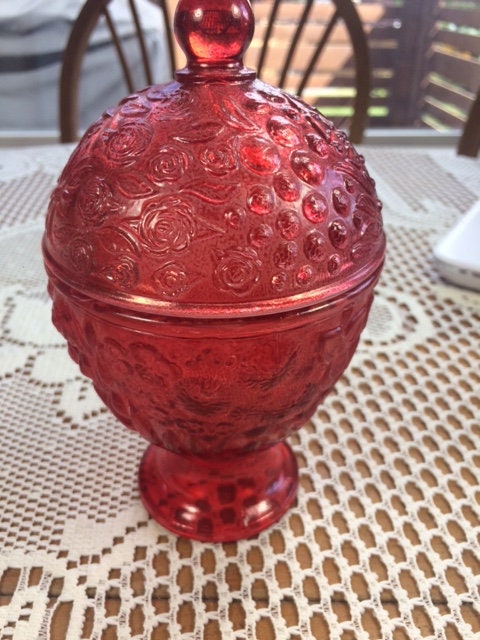 Avon Red Egg-Shaped Footed Candy Dish w/ Lid - Bowditch Antiques