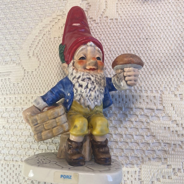 Goebel Porz der Pilzsammler, Vintage Mushroom Picker Gnome, Porcelain