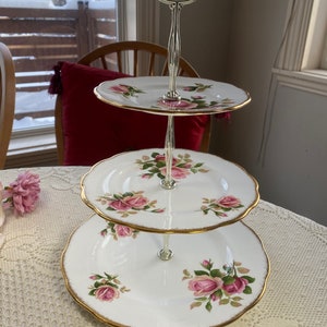 Royal Albert ANNIVERSARY ROSE 3-Tier High Tea Platter, Vintage English Bone China Dessert Stand