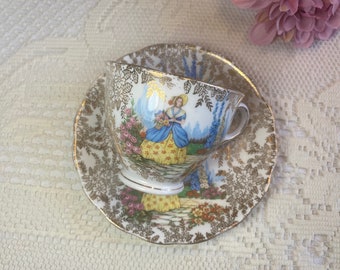 Colclough CRINOLINE LADY Teacup and Saucer, Vintage Garden Lady with Hollyhocks Tea Set