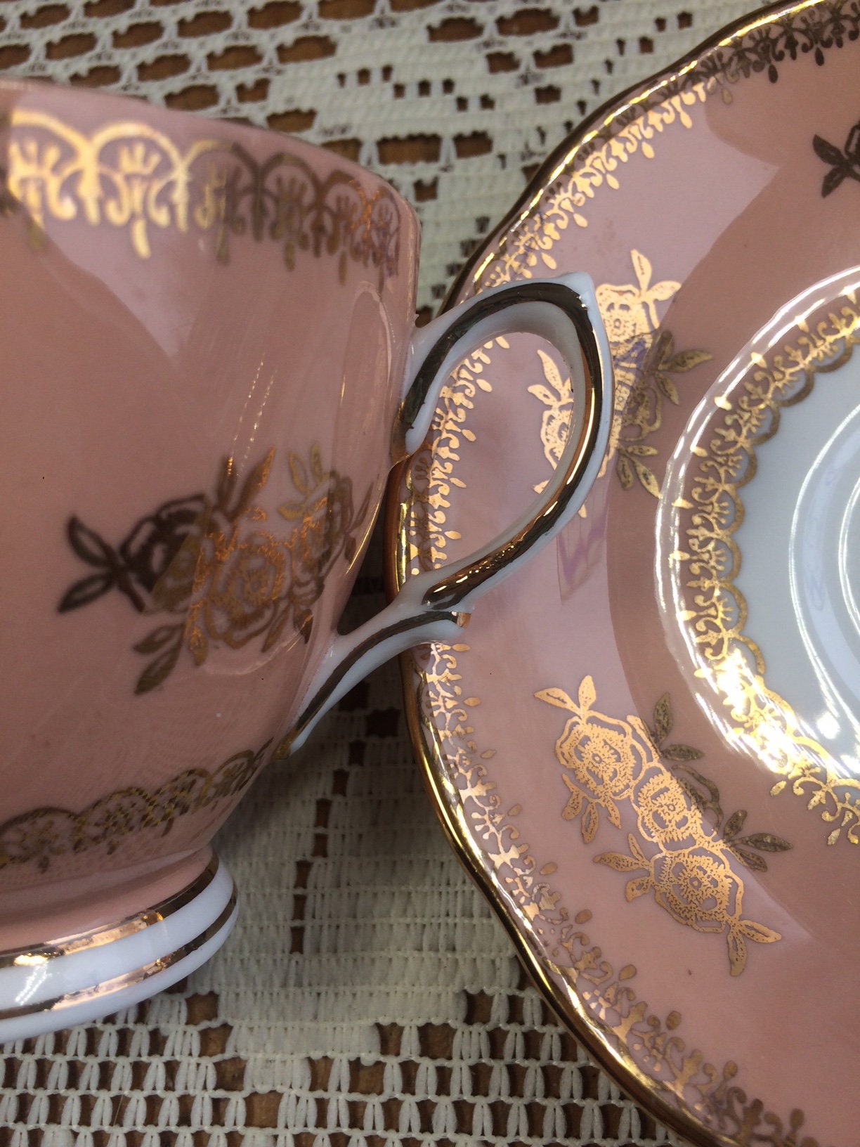 COLCLOUGH Pink GOLD ROSES Teacup and Saucer, Vintage Tea Set From 1950 ...