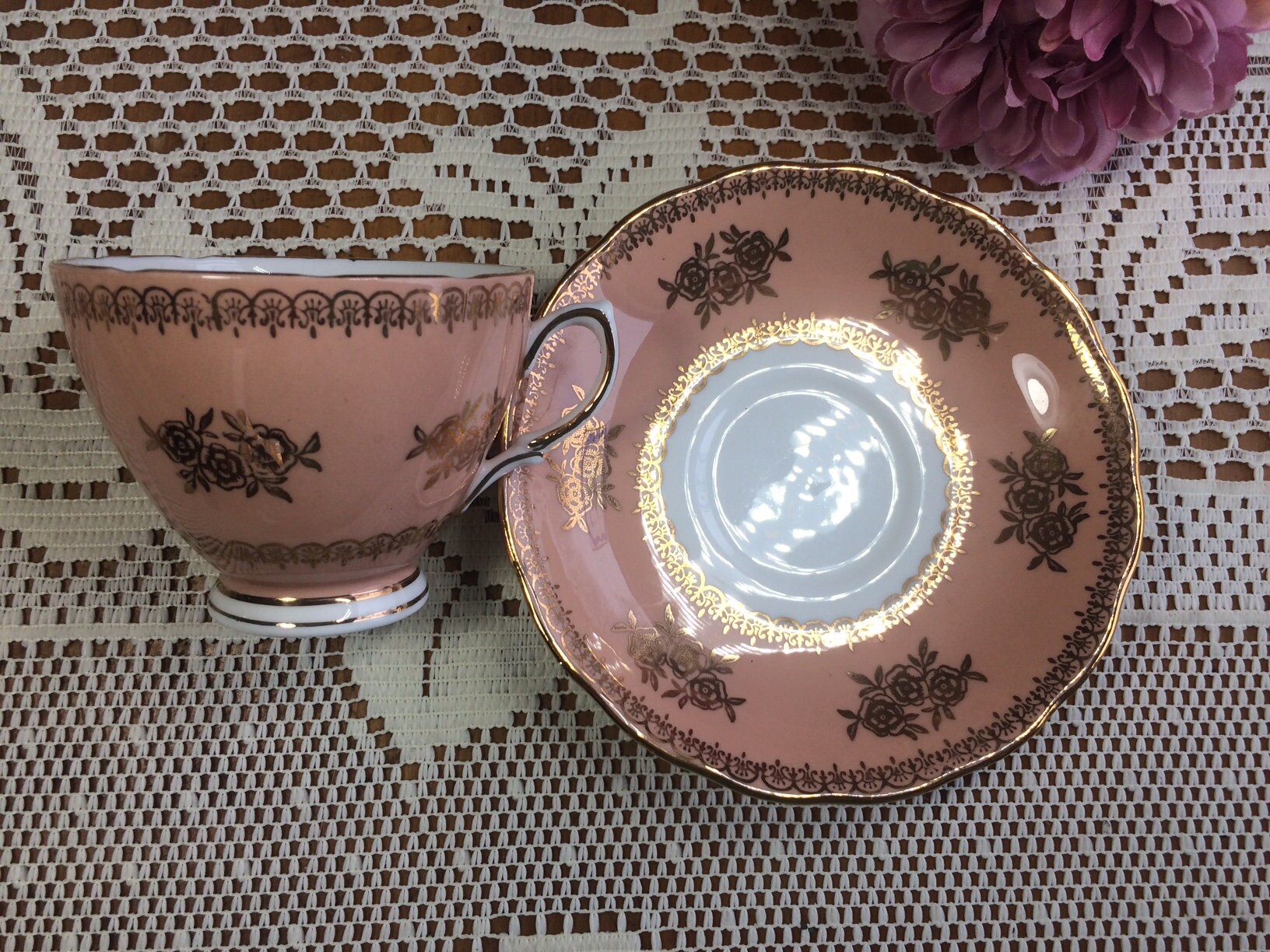 COLCLOUGH Pink GOLD ROSES Teacup and Saucer, Vintage Tea Set From 1950 ...