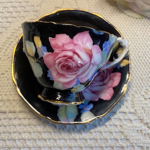 RARE PARAGON Black with Pink Roses Teacup and Saucer, Gorgeous Tea Set