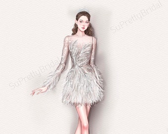 Custom Wedding Dress For Bride. Luxury short wedding dress with stones and feathers. Short wedding dress with elegant long sleeves.