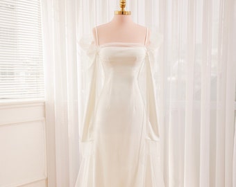 Custom wedding dress for bride. High quality crepe fabric wedding dress. Sexy off-the-shoulder tulle wedding dress.