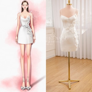 Unique 3d floating flower short wedding dress. Sexy, seductive short shoulder straps wedding dress. Short satin luxury party dress.