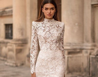 high neck lace dress white