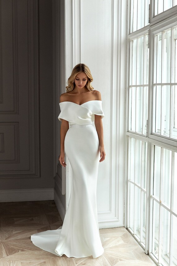 Elegant Satin Wedding Dress. off Shoulder Wedding Dress With