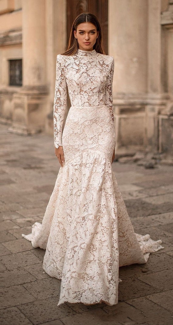 thumbnail interactive-video image 1 of Wedding Reception Dress Winaiwi Mermaid Wedding Dress Long Sleeve Lace Satin Bridal Gowns Off Shoulder Ball Gown Ivory Size 0 Wedding Gowns For Bride 1 of 12
