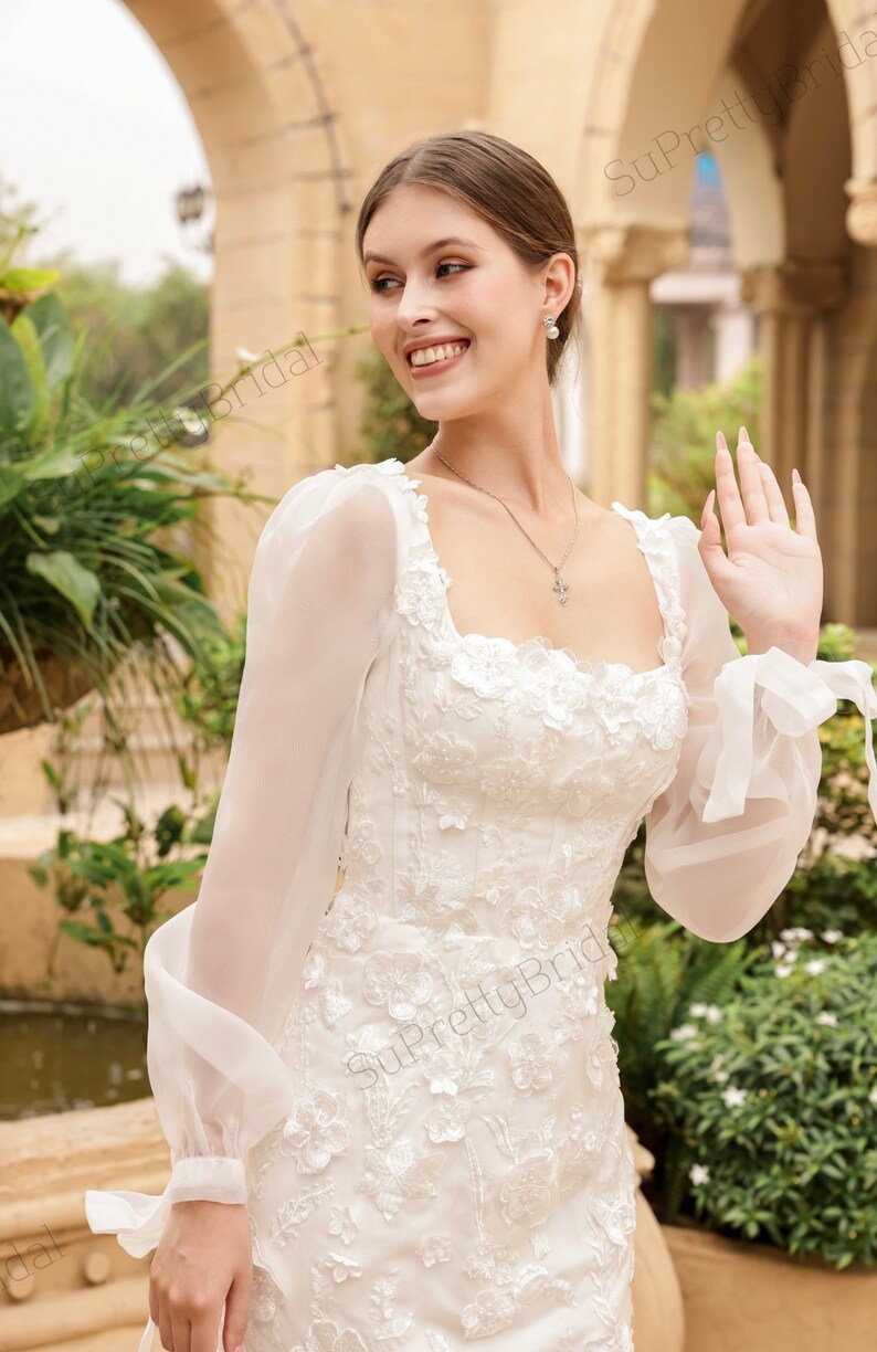 Custom wedding dress for bride. Short wedding dress with beautiful long sleeves. Short wedding dress with elegant floral decoration. image 4