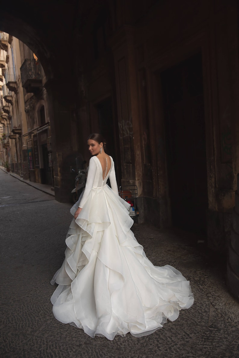 Beautiful Long Sleeve Wedding Gown. Deep V-neck Wedding Dress - Etsy