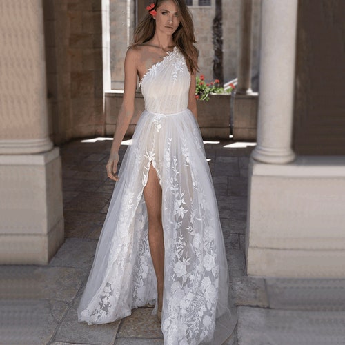 Sexy Slit Wedding Dress. Elegant Off-shoulder A-line Wedding - Etsy