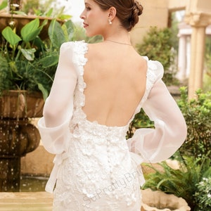 Custom wedding dress for bride. Short wedding dress with beautiful long sleeves. Short wedding dress with elegant floral decoration. image 6