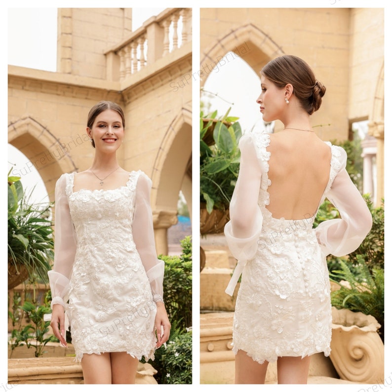 Custom wedding dress for bride. Short wedding dress with beautiful long sleeves. Short wedding dress with elegant floral decoration. image 1