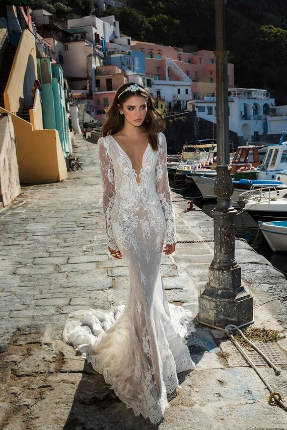 Long Sleeve Fishtail Wedding Dress Sexy Lace Wedding | Etsy