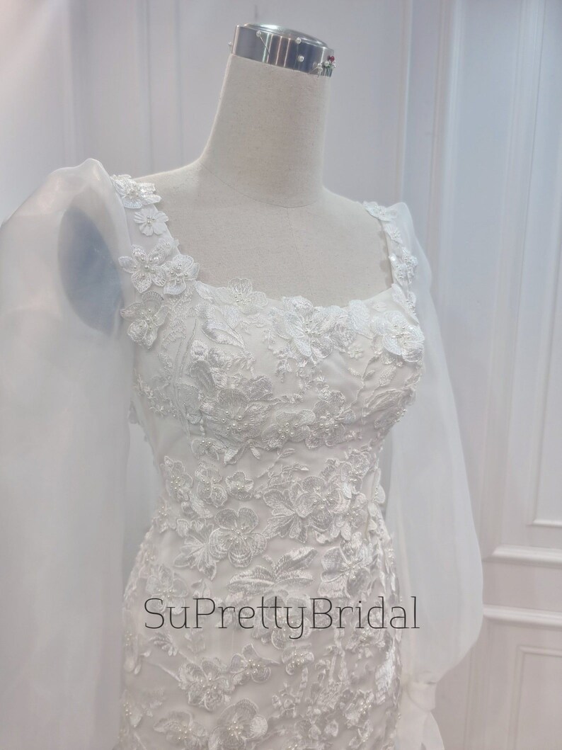 Custom wedding dress for bride. Short wedding dress with beautiful long sleeves. Short wedding dress with elegant floral decoration. image 8