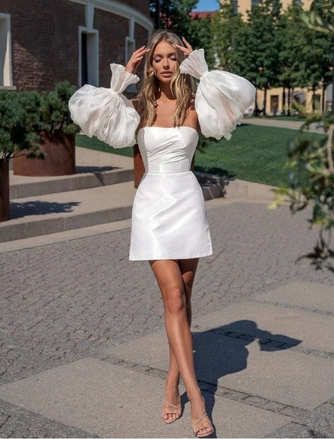 Short Wedding Dress With Detachable Sleeves. Sexy Strapless - Etsy