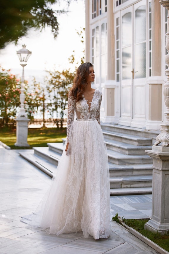 Floral Princess Long Sleeve Lace Wedding Dresslong Sleeve A - Etsy UK