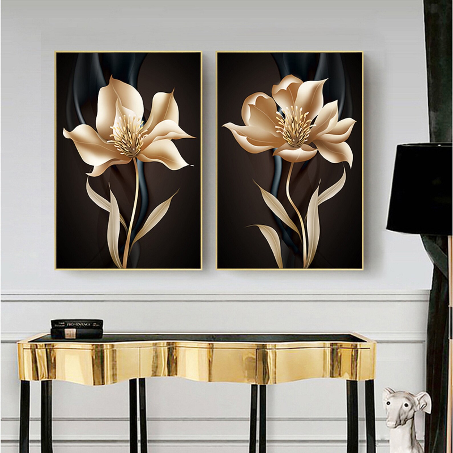 Abstract Black Golden Flower Wall Art Canvas Painting Nordic Etsy