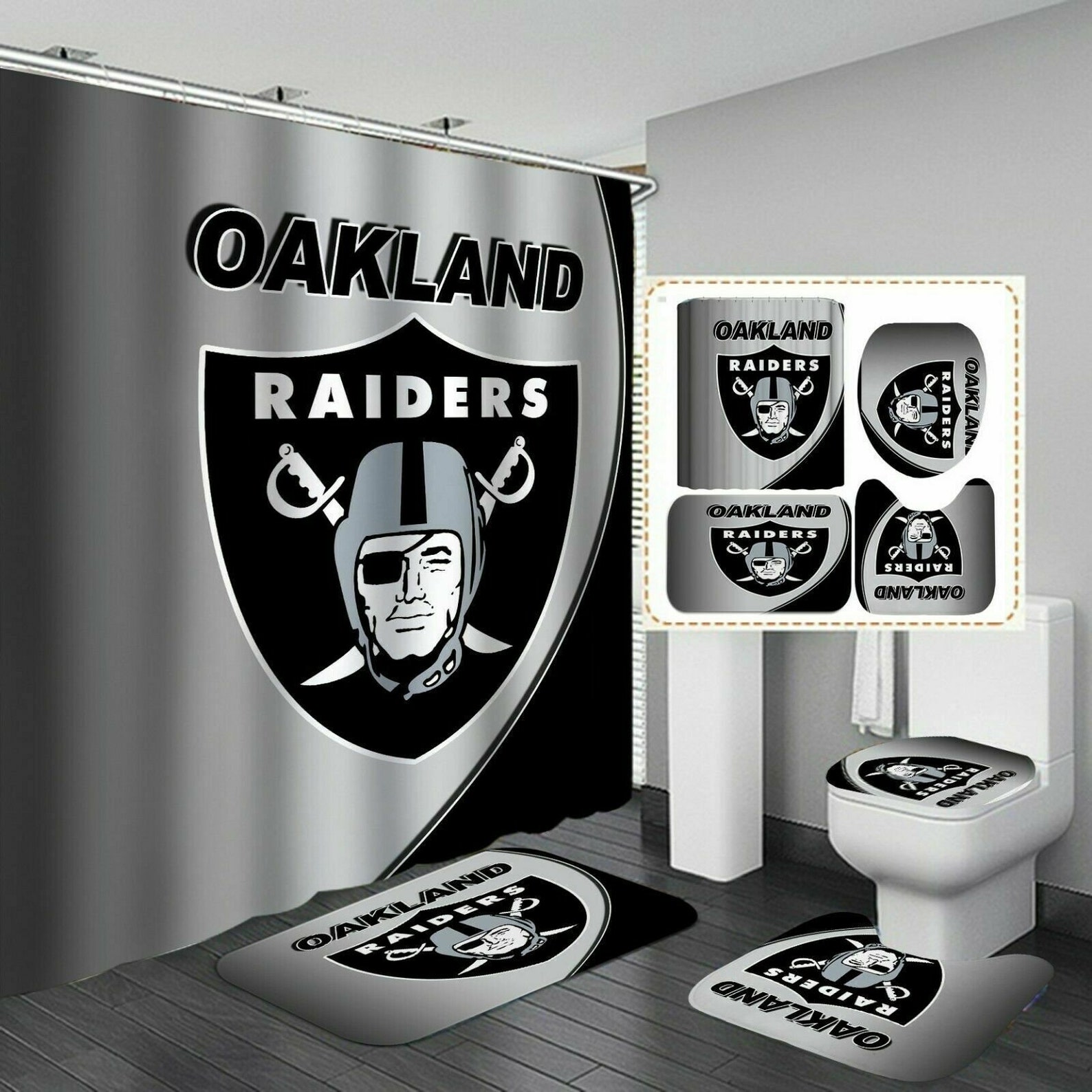 Oakland Raiders Bathroom Rugs Set 4PCS Shower Curtain Toilet | Etsy