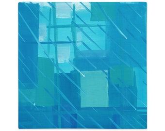 May include: Abstract painting with a blue, green, and white colour scheme. The painting features a series of overlapping squares and rectangles with diagonal lines.