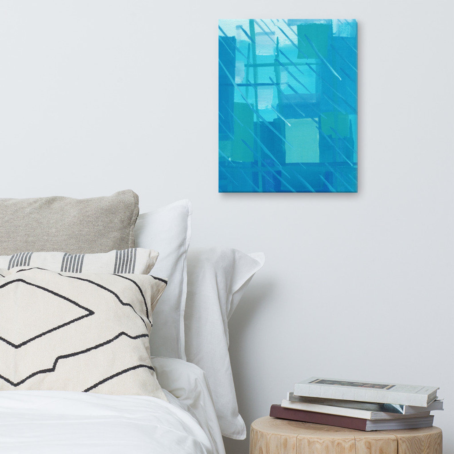 Teal Wall Art Canvas Painting, Blue Abstract Art, Ready to Hang Art