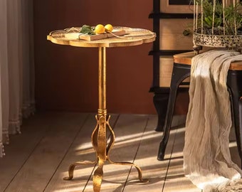 Round Copper Gold Side Table French Country Decor Farmhouse Metal Base Wood Top