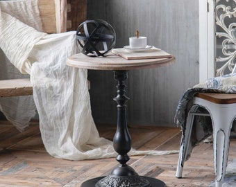 Round Black Side Table French Country Decor Farmhouse Metal Base & Fir Wood Top