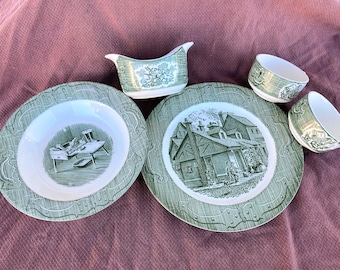 Vajilla vintage Royal USA Transferware: verde salvia de los años 50, 5 piezas