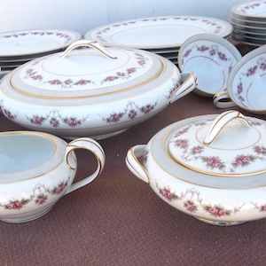 Noritake RC China, Pink Rose Swags, RARE Vintage 42 Piece Set, Plus 3 Serving Pieces. Romantic, BOHO, Cottage