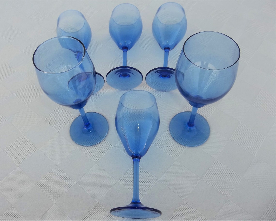 Vintage Blue Stemmed Wine Glasses Stunning Bright Blue Etsy