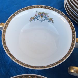 Adonis firmy Noritake, BARDZO RZADKIE zabytkowe miski z talerzami, 6 złotych misek z uchwytami i 8 talerzy, około lat 40. XX wieku, oszałamiający wzór, plaża, domek letniskowy
